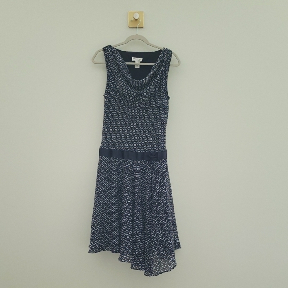 Miss Dorby Vintage Petite Asymmetrical Midi Dress 12P Blue White Sleeveless Bow